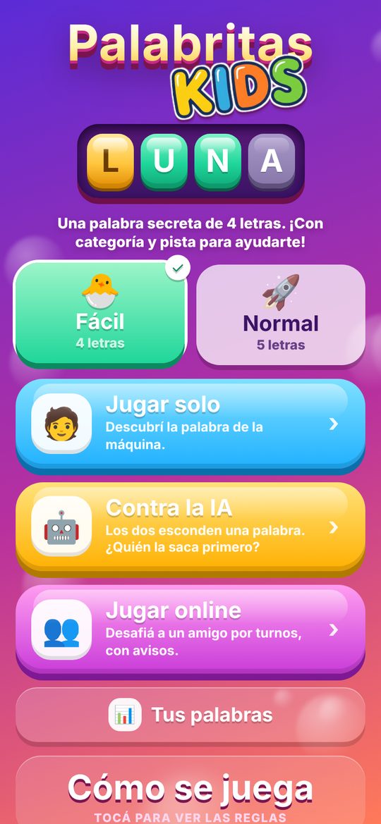 Pantalla de inicio de Palabritas Kids